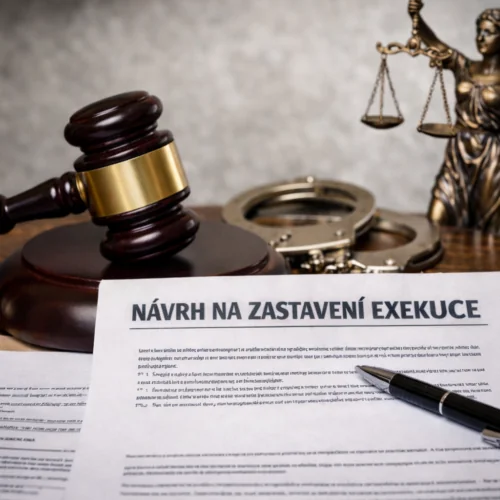 Návrh na zastavení exekuce s kladívkem a symbolem spravedlnosti