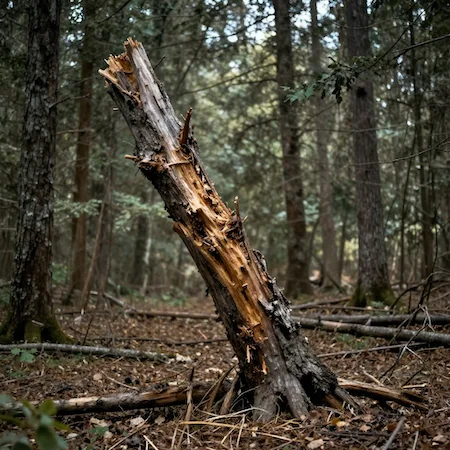 Zlomený strom v lese jako symbol rizika investice