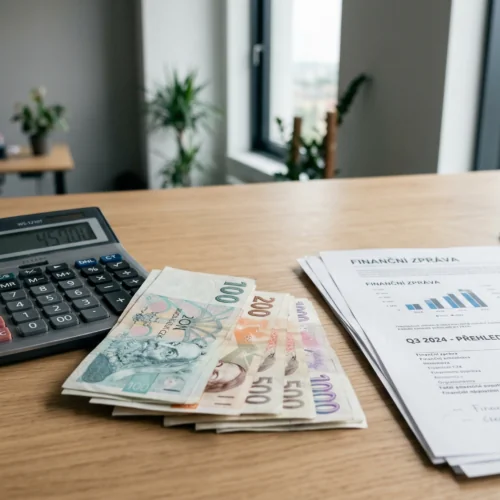 Výpočet mzdy s kalkulačkou a českými bankovkami