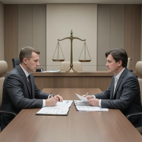 ednání mezi dlužníkem a věřitelem u stolu v soudním prostředí